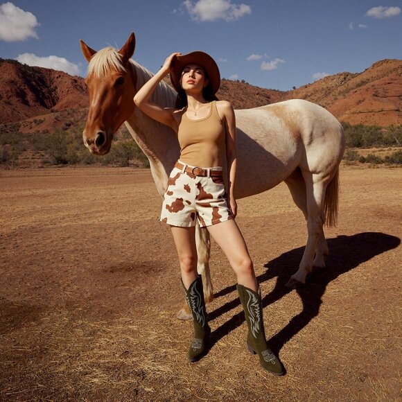 Women's Faux Suede Pointed Heeled Western Wide Calf Embroidered Dark Green Boots - Picture 2 of 7